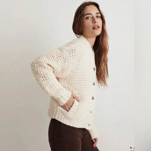 Madewell Bomber Cardigan Sweater in Antique Cream Wool